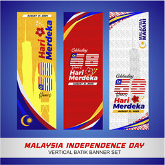 Exclusive 68 years Malaysia Independence Day 2025 stand banner set featuring 68 logo, merdeka tower silhouette and dynamic color background. 68 Malaysia Hari Merdeka portait banner design. 