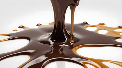 Melted chocolate dripping from a spoon onto a white background