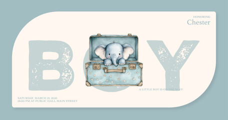 Adorable Baby Shower Invitation for Boy with Watercolor Elephant in Suitcase, Blue and Cream Theme