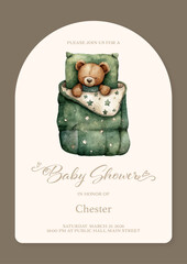 Cute Watercolor Baby Shower Invitation with Teddy Bear in Green Star Blanket, Neutral Theme for Baby Boy