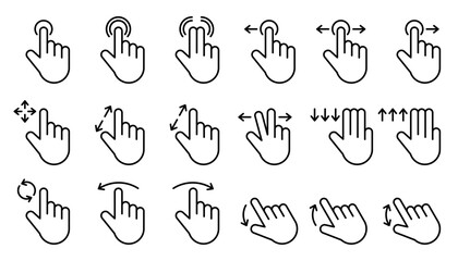 Hand touchscreen gestures with arrow icon set. Pointer cursor сomputer mouse icon. Clicking cursor, pointing hand clicks icons. Click cursor. Vector Illustration.