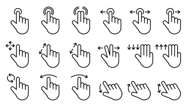Hand touchscreen gestures with arrow icon set. Pointer cursor сomputer mouse icon. Clicking cursor, pointing hand clicks icons. Click cursor. Vector Illustration.