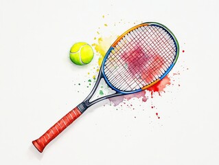 Hand-Drawn Watercolor Tennis Racket and Ball with Colorful Splashes