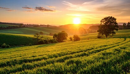 Lush green fields at sunset