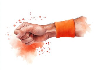 Hand Drawn Watercolor of Clenched Fist with Orange Wristband in Chaos Style