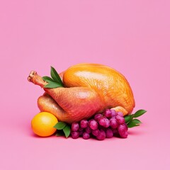 Retro Thanksgiving Turkey with Fruits on Vibrant Pink Background