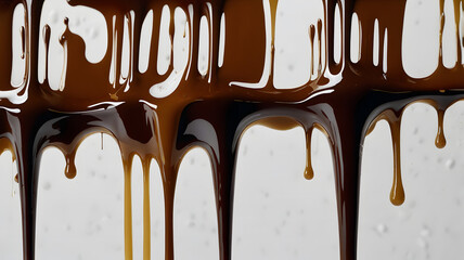 Melted chocolate dripping from a spoon onto a white background