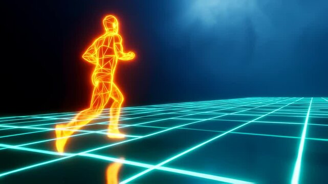 Abstract Runner: Low Polygon Man Running on Neon Grid in Futuristic Environment