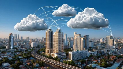 Cloud Computing Skyline: A visionary image of a modern city skyline interweaving with ethereal clouds, representing seamless digital connectivity and the future of urban technology. - Powered by Adobe