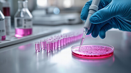 Sleek Minimalist Laboratory Setting: Gloved Researcher's Hand with Petri Dish, Clear Cell Culture, and Serene Workstation