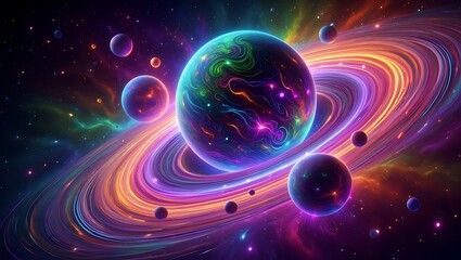 Vibrant Neon Space Scene with Colorful Planets and Glowing Rings