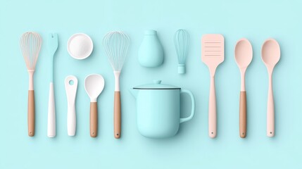 Baking Tools and Utensils on Soft Blue Gradient Background