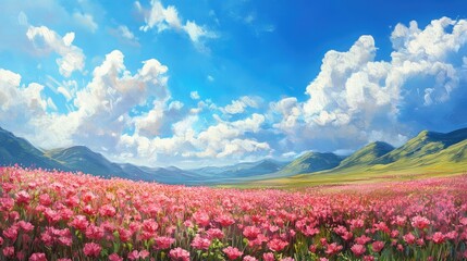 A vibrant field of pink flowers under a bright blue sky with fluffy white clouds and rolling green hills
