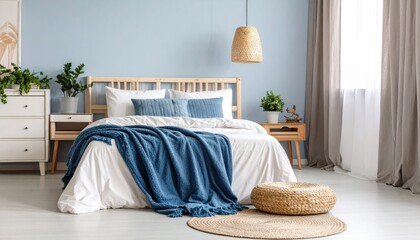 Modern bedroom interior with blue accents