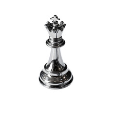 A shiny chrome queen chess piece isolated on a black background with dramatic lighting and...