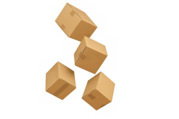 Four closed cardboard boxes falling against a transparent background, ideal for shipping and delivery concepts