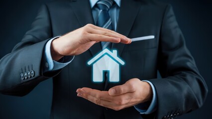 Business man holding house outline depicts home protection and real estate investment