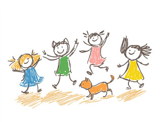 Fototapeta premium A cheerful stick-figure drawing shows three children, two girls and one boy, playing happily with a black cat, under a shining yellow sun on a white background.