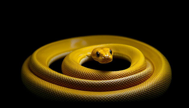 Close up of a coiled yellow python snake with striking black eyes against a dark background