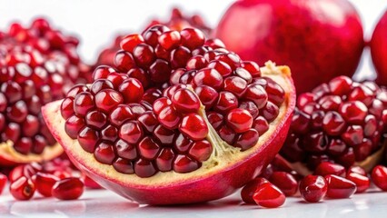 Pomegranate seeds bursting with juicy pulp and vibrant red color against a soft white background