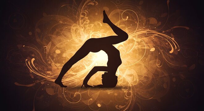 Yoga silhouette practicing a challenging inversion pose against an abstract golden swirling background representing inner peace and wellness.