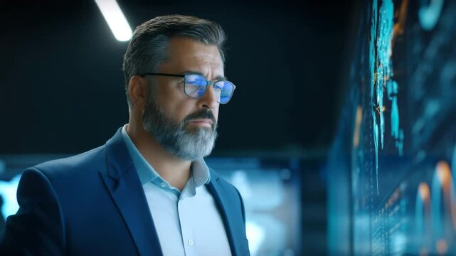 Businessman with beard and glasses analyzing data futuristic digital screen, focused and confident modern office, technology data analysis digital