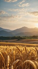 Golden Wheat Field at Sunset with Mountain Background