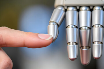 Human finger gently touching robotic hand, symbolizing connection, technology, artificial intelligence, innovation, and emotion between human and machine in close up view