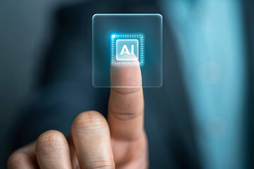 Finger touching digital ai icon futuristic technology interface innovation artificial intelligence virtual screen modern business blue light human hand concept