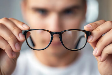 Fingertips adjusting eyeglass frame with concentration, close up of person holding black glasses, selective focus on eyewear, blurred face in background, vision correction concept