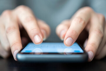 Fingertips scrolling smartphone screen with blurred chat summary, close up, technology communication concept, modern digital lifestyle, focus on hands and device