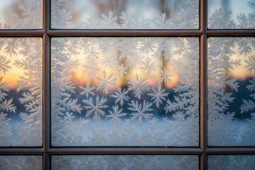 Frost ice window glass winter sunrise cold pattern nature morning create beautiful and intricate scene as sunlight glows softly through frozen glass