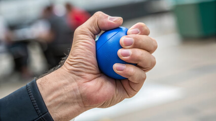 Hand squeezing blue stress ball with tension close up of adult male hand outdoor setting stress relief emotional pressure physical therapy relaxation mental health focus