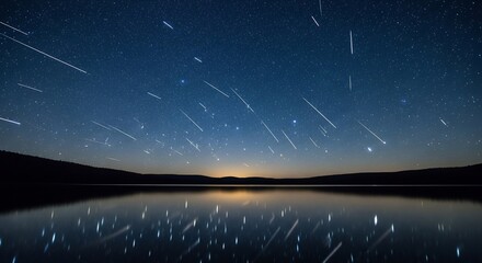 Naklejka premium A stunning night sky displays a meteor shower over a calm, reflective lake.