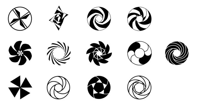 Geometric spiral vortex icons set, abstract black and white circular logo elements, modern radial swirl symbols for branding design