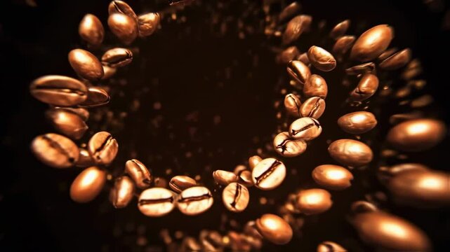 Dynamic Coffee Bean Vortex: Aromatic Spiral of Roasted Coffee Beans in Motion, perfect for coffee