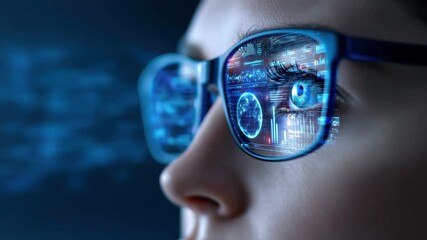 Close up of woman wearing smart glasses with digital interface reflection, futuristic technology innovation and focus, blue data reflection - Powered by Adobe
