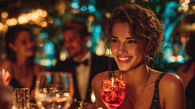 Elegant Woman Enjoying a Cocktail at a Glamorous Evening Event