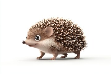 Hedgehog walking with nose up 3d cartoon character on white background