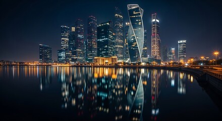 Naklejka premium Night cityscape featuring illuminated skyscrapers reflected in calm water, creating a stunning urban panorama.