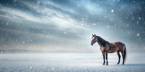 A lone horse stands alone in a vast snow-covered steppe under a gray sky with snowflakes gently falling around it