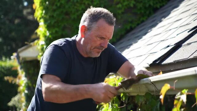 Man cleaning house gutter