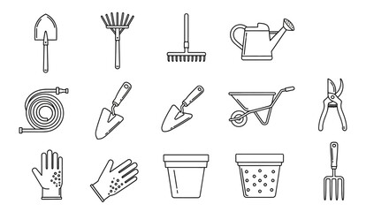 Outline illustration of gardening tools including a shovel, rake, watering can, hose, wheelbarrow, and gloves.