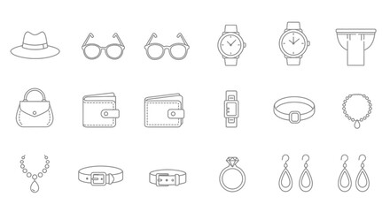 Outline illustrations of various fashion accessories.