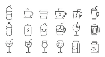 A collection of line art icons depicting various beverages, including water bottles, coffee cups, and alcoholic drinks.