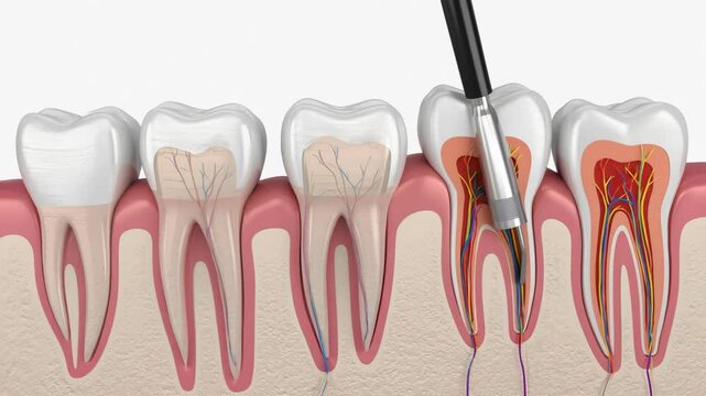 Medical Animation Showing Stages of Root Canal Therapy in Human Teeth