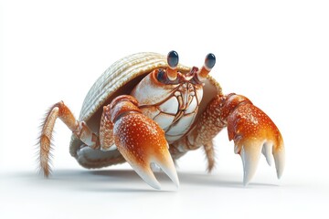 Hermit crab crawling 3d cartoon character on white background
