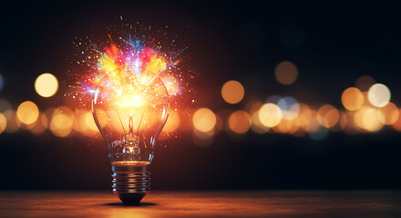 Glowing lightbulb with colorful sparks exploding outwards idea innovation
