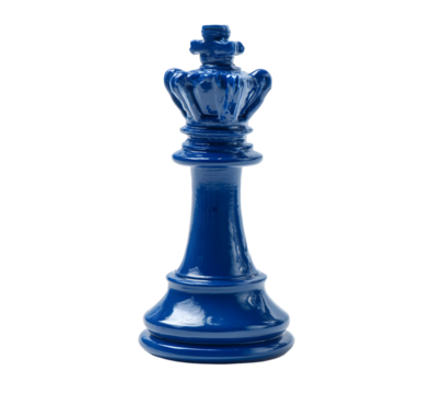 A single blue king chess piece isolated on a black background in a centered studio shot style image