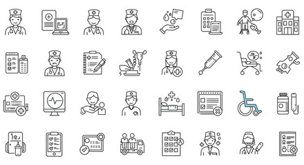 Collection of line art icons representing medical professionals, equipment, and healthcare services.